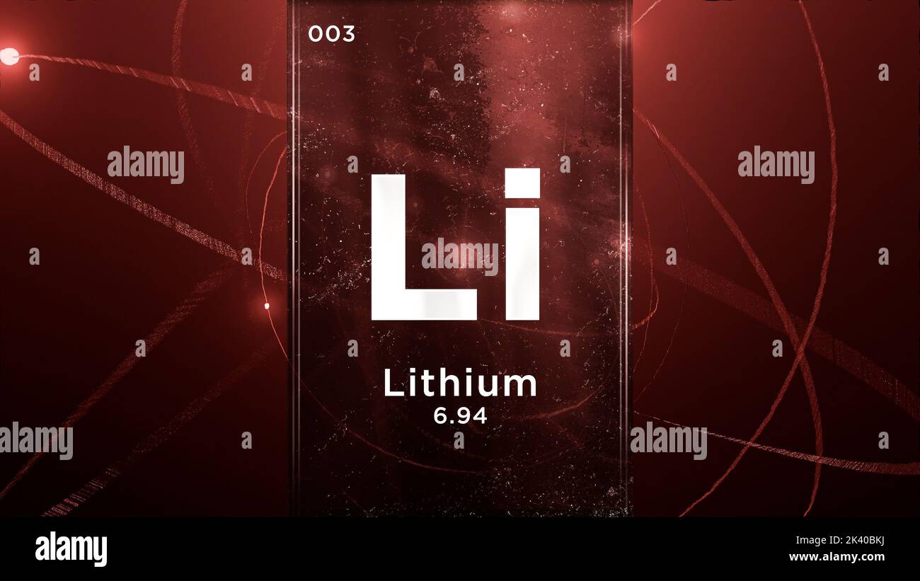 Élément chimique de symbole de lithium (Li) du tableau périodique, 3D animations sur fond de conception Atom Banque D'Images