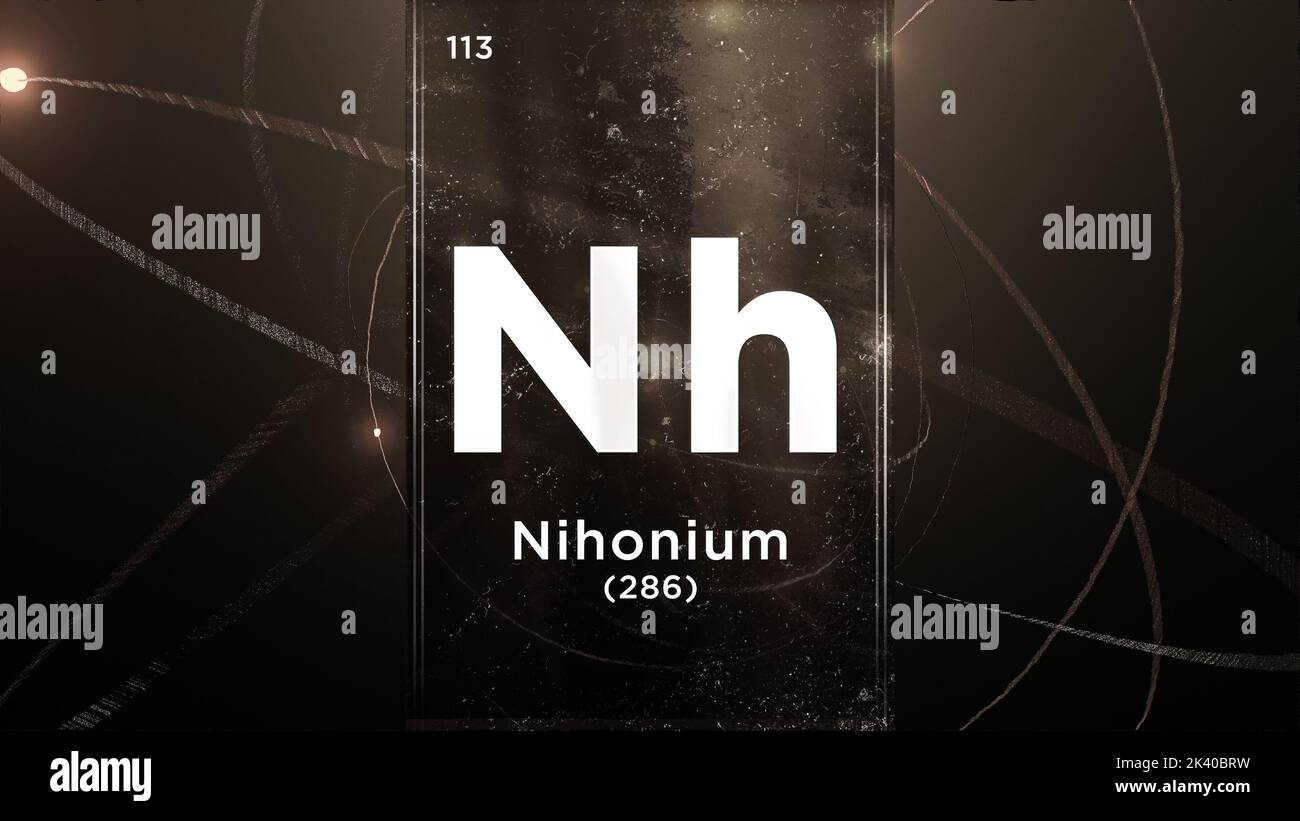 Élément chimique de symbole Nihonium (NH) du tableau périodique, 3D animations sur fond de conception Atom Banque D'Images