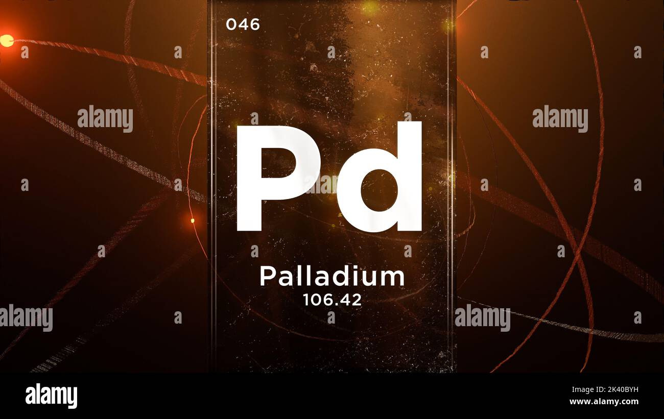 Élément chimique du symbole palladium (PD) de la table périodique, 3D animation sur fond de conception Atom Banque D'Images