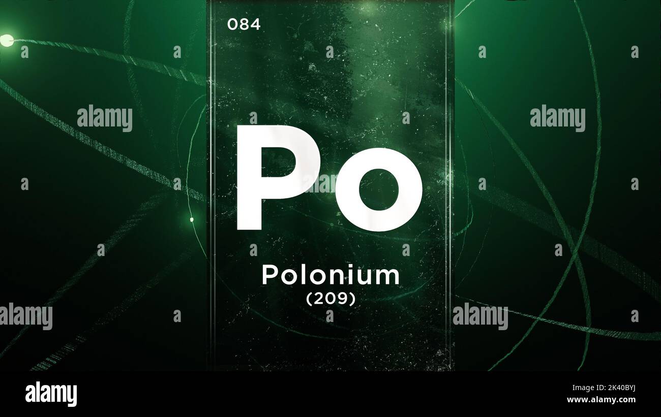 Élément chimique du symbole de polonium (po) de la table périodique, 3D animations sur fond de conception de l'atome Banque D'Images