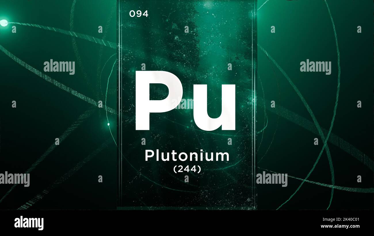 Élément chimique du symbole plutonium (pu) du tableau périodique, 3D animation sur fond de conception de l'atome Banque D'Images