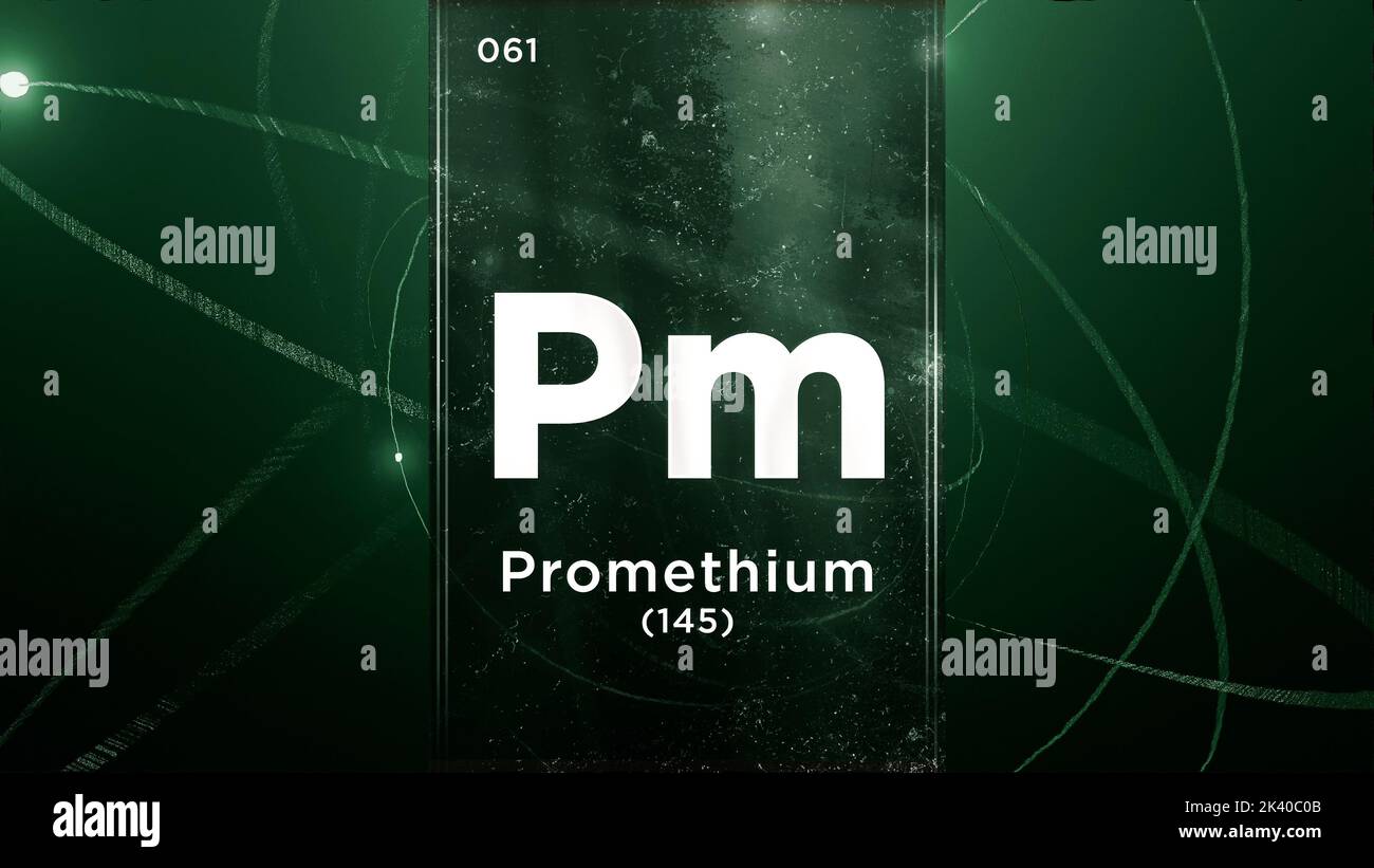 Élément chimique du symbole de Prometnium (PM) du tableau périodique, 3D animations sur fond de conception de l'atome Banque D'Images