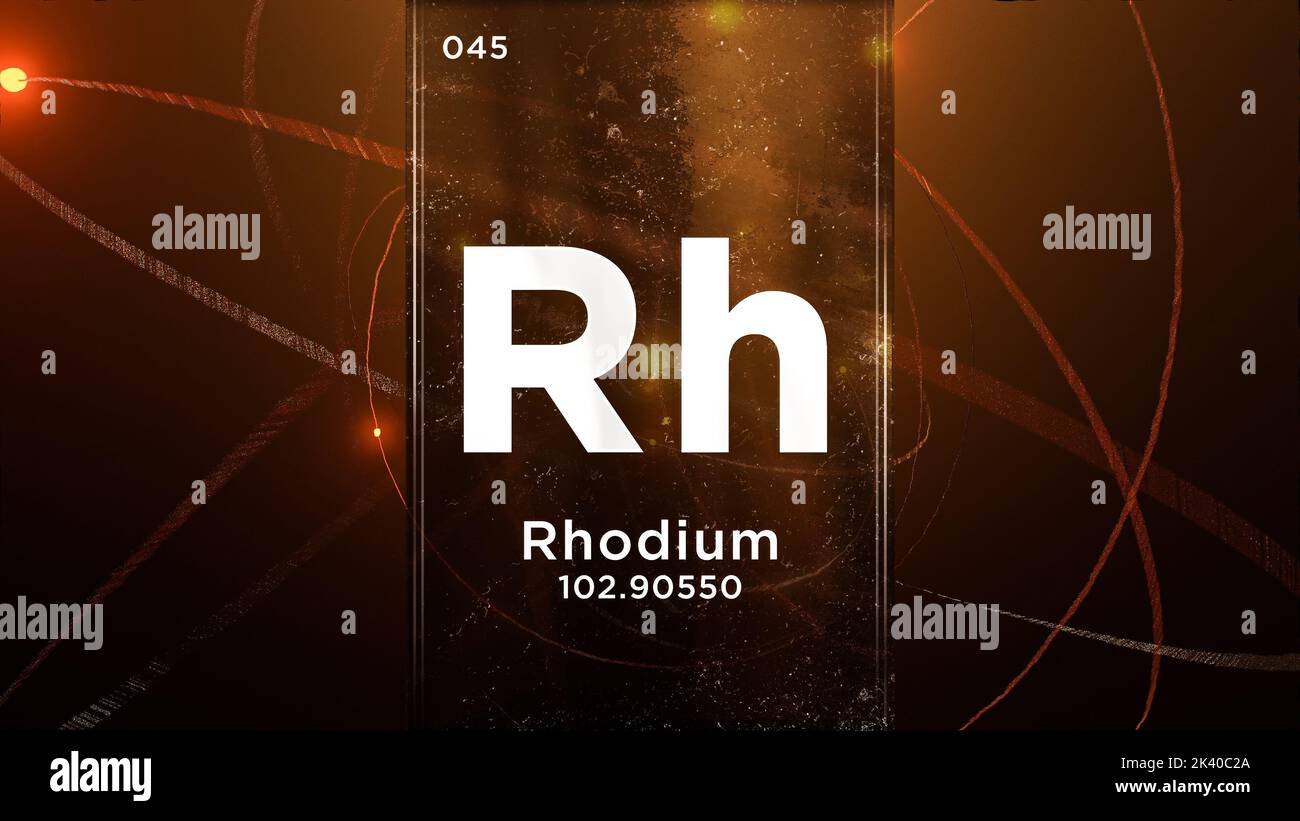 Élément chimique du symbole rhodium (RH) du tableau périodique, 3D animations sur fond de conception de l'atome Banque D'Images