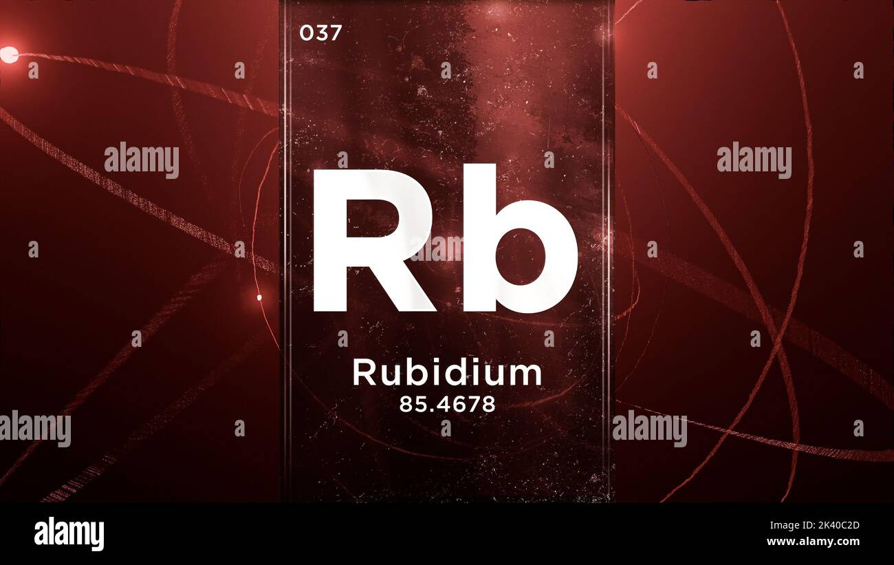 Élément chimique du symbole du rubidium (Rb) de la table périodique, 3D animations sur fond de conception de l'atome Banque D'Images
