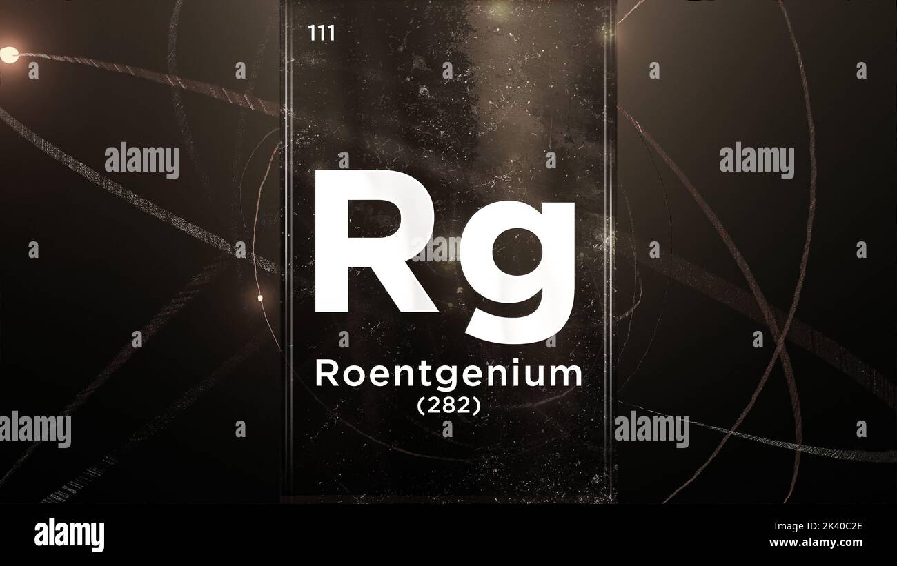 Élément chimique de symbole de Roentgenium (Rg) du tableau périodique, 3D animations sur fond de conception d'atome Banque D'Images