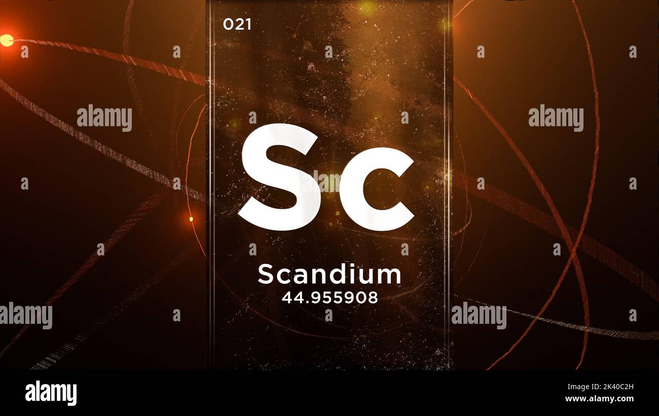 Élément chimique du symbole du scandium (SC) du tableau périodique, 3D animations sur fond de conception de l'atome Banque D'Images