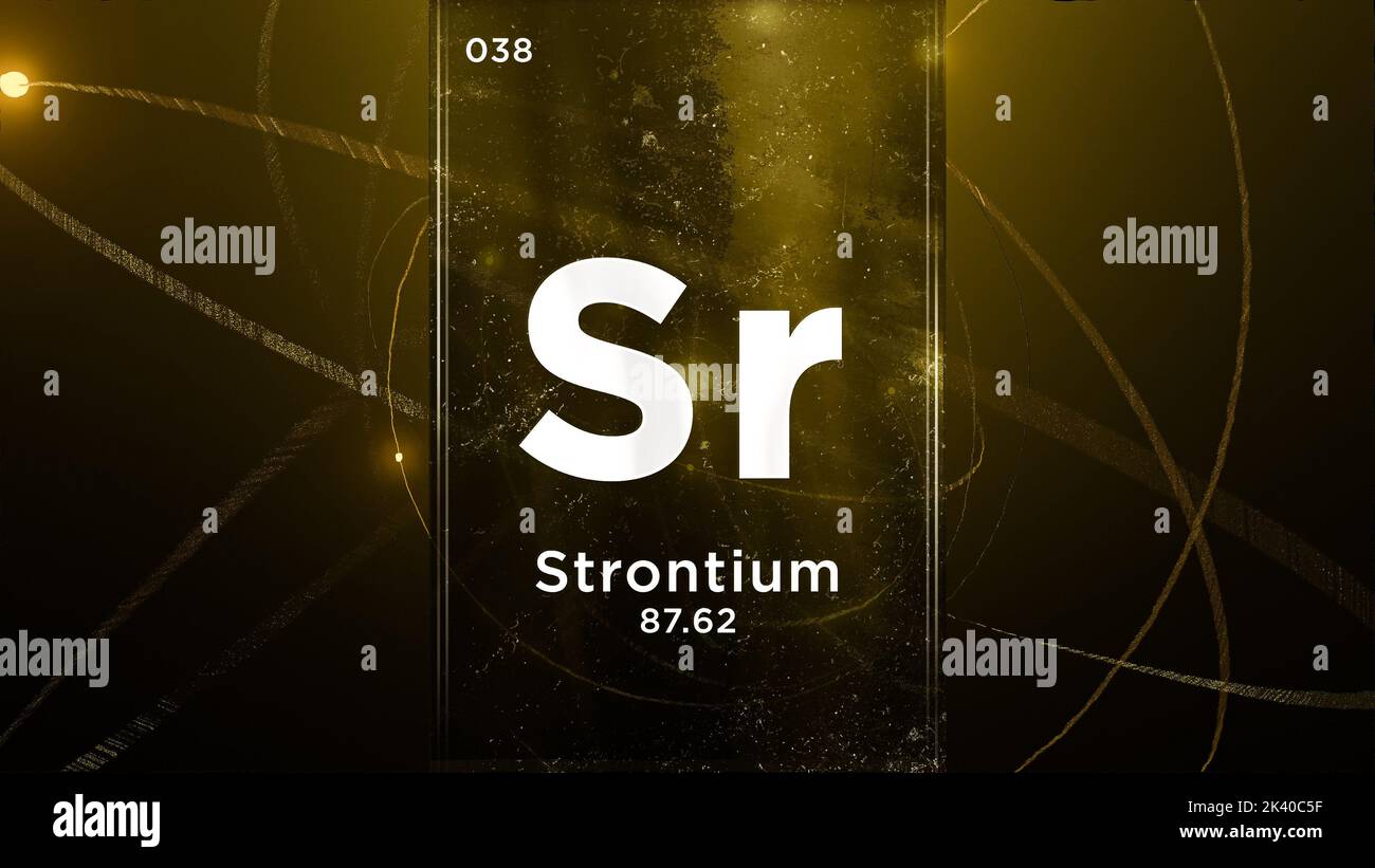 Élément chimique du symbole strontium (SR) du tableau périodique, 3D animation sur fond de conception de l'atome Banque D'Images