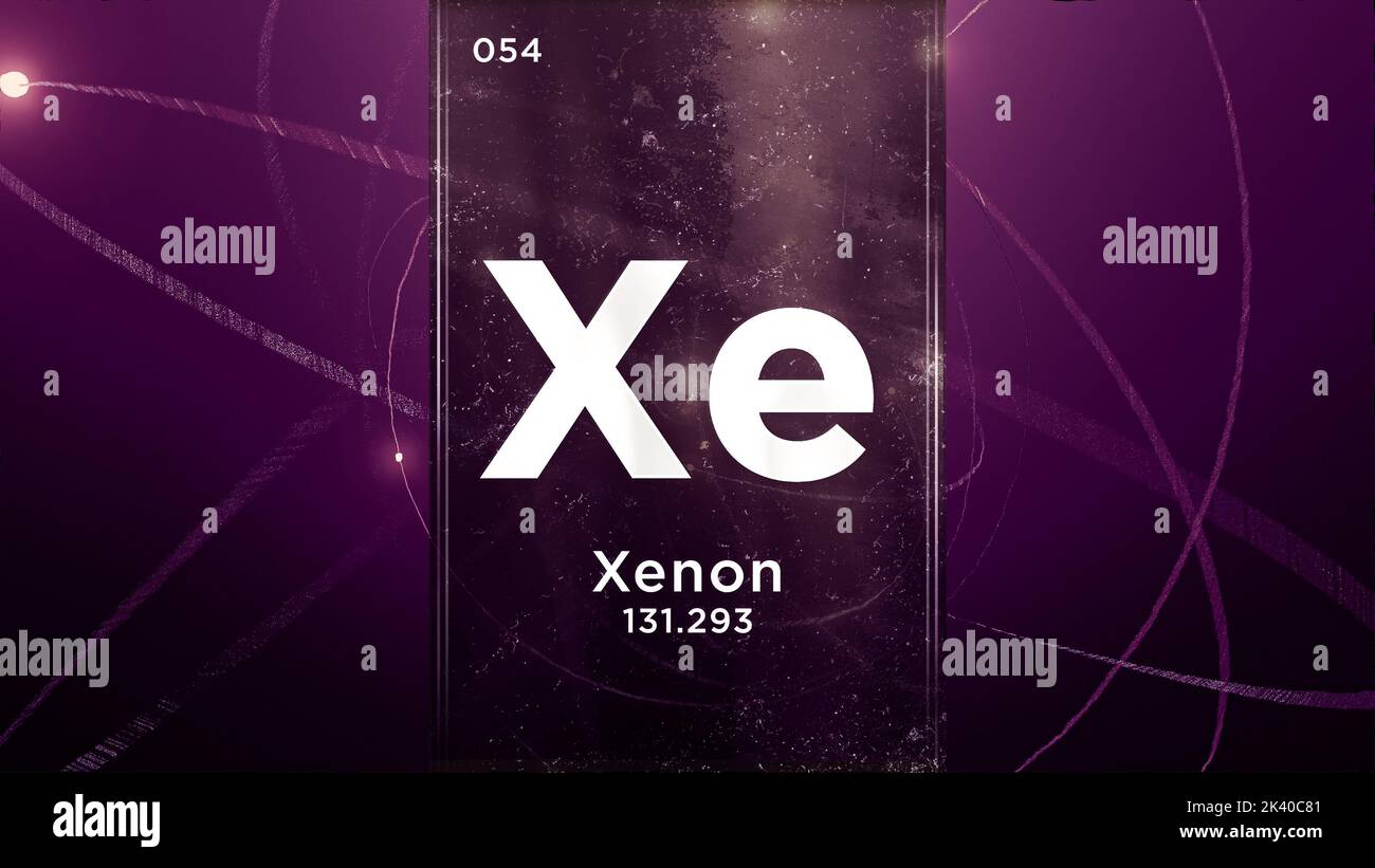 Symbole xénon (XE) élément chimique du tableau périodique, 3D animation sur fond de conception Atom Banque D'Images