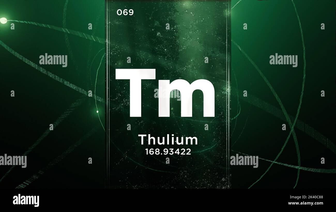 Élément chimique du symbole de thulium (TM) du tableau périodique, 3D animations sur fond de conception Atom Banque D'Images