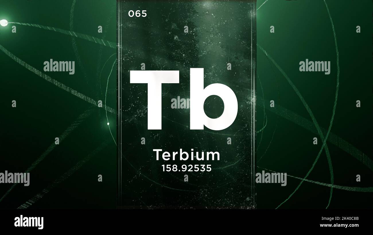 Élément chimique du symbole terbium (TB) de la table périodique, 3D animations sur fond de conception de l'atome Banque D'Images