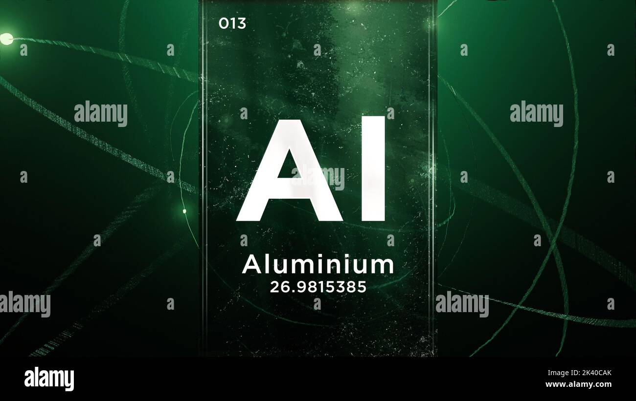 Élément chimique de symbole d'aluminium (Al) du tableau périodique, 3D animation sur fond de conception Atom Banque D'Images