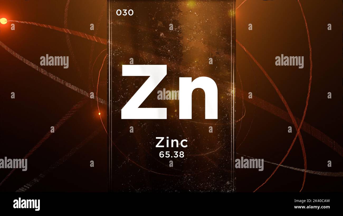Élément chimique du symbole de zinc (Zn) du tableau périodique, 3D animations sur fond de conception de l'atome Banque D'Images