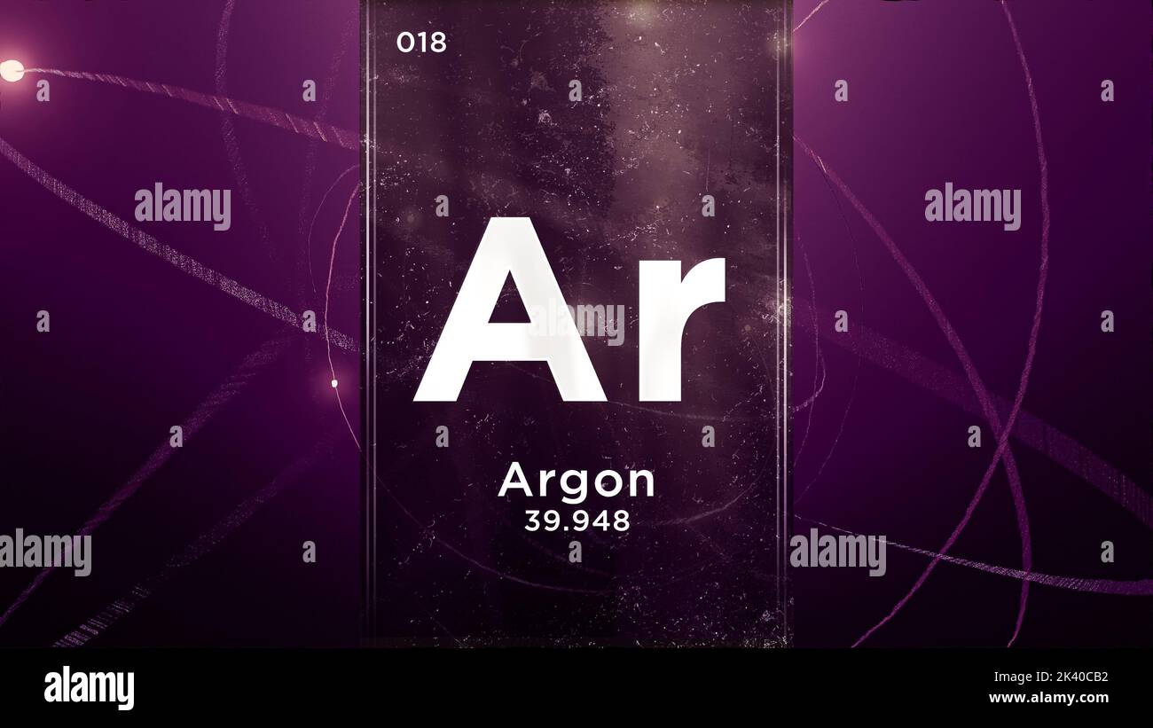 Symbole argon (AR) élément chimique du tableau périodique, 3D animation sur fond de conception de l'atome Banque D'Images