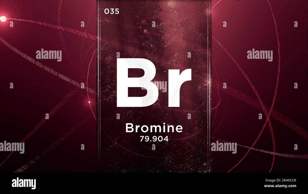 Élément chimique du symbole brome (BR) du tableau périodique, 3D animation sur fond de conception de l'atome Banque D'Images