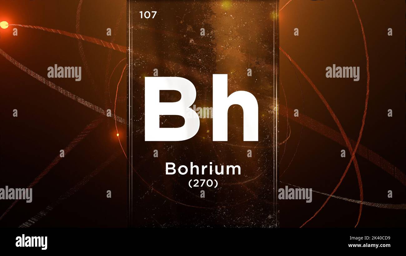Élément chimique du symbole Bohrium (BH) du tableau périodique, 3D animations sur fond de conception de l'atome Banque D'Images