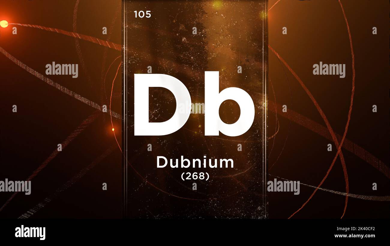Élément chimique du symbole dubnium (dB) de la table périodique, 3D animations sur fond de conception de l'atome Banque D'Images