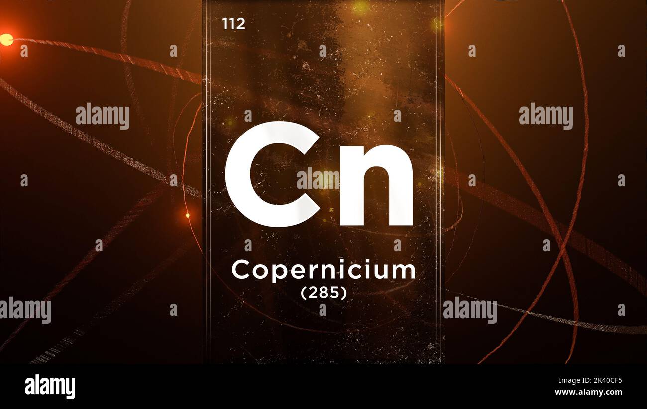 Élément chimique du symbole Copernicium (CN) de la table périodique, 3D animation sur fond de conception de l'atome Banque D'Images