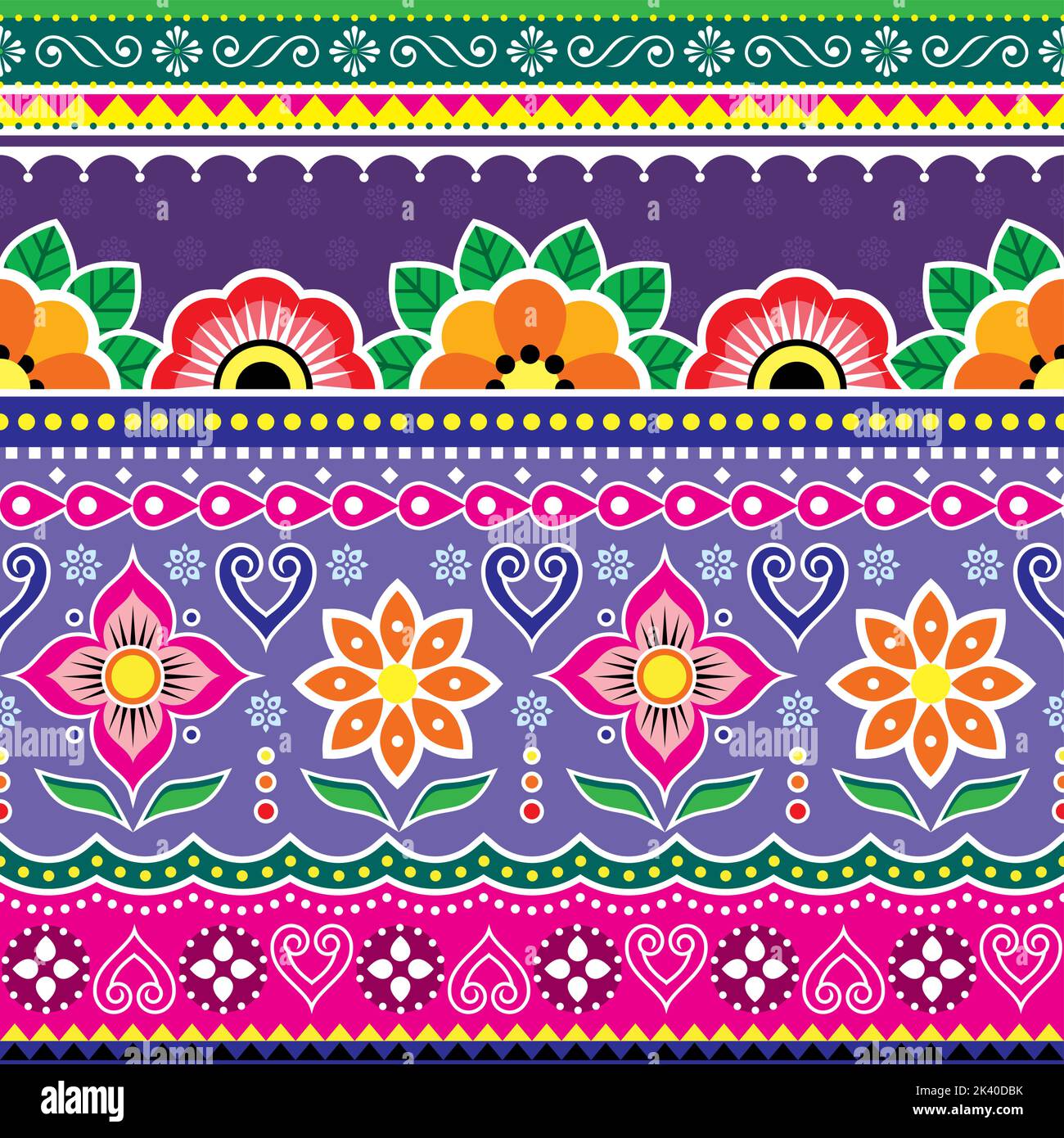 Motif vectoriel artistique pakistanais ou indien avec fleurs et feuilles, motif floral rose et violet pour camion de jingle Illustration de Vecteur