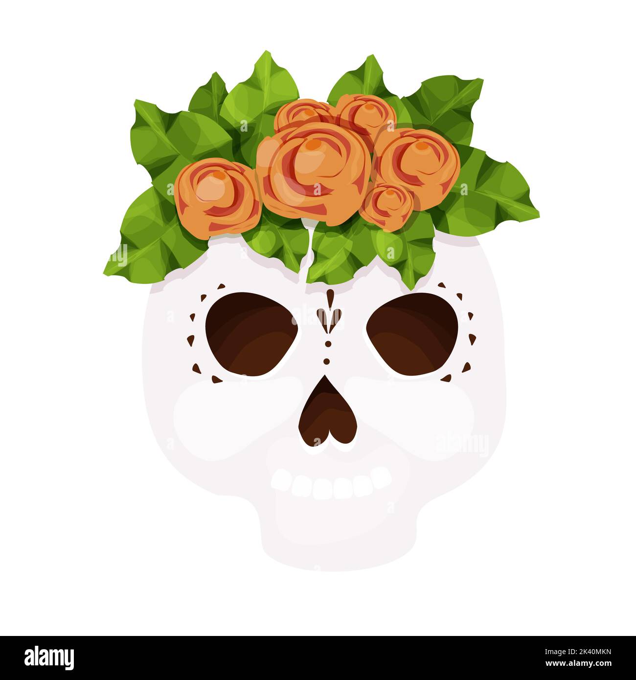 Jour mort, crâne décoré avec des fleurs traditionnelles, masque, fête d'Halloween dans le style de dessin animé isolé sur fond blanc. Illustration vectorielle Illustration de Vecteur