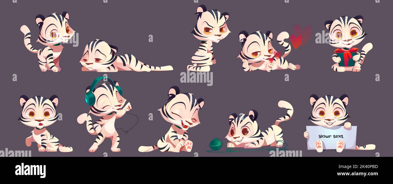 Bébé tigre blanc, dessin animé mignon albino animal personnage de cub. Mascotte kawaii jouant, sourire, triste, tenant cadeau et bannière, amour, danse. Jeu de vecteurs isolés de chat de jungle à rayures noires et chatons amusants Illustration de Vecteur