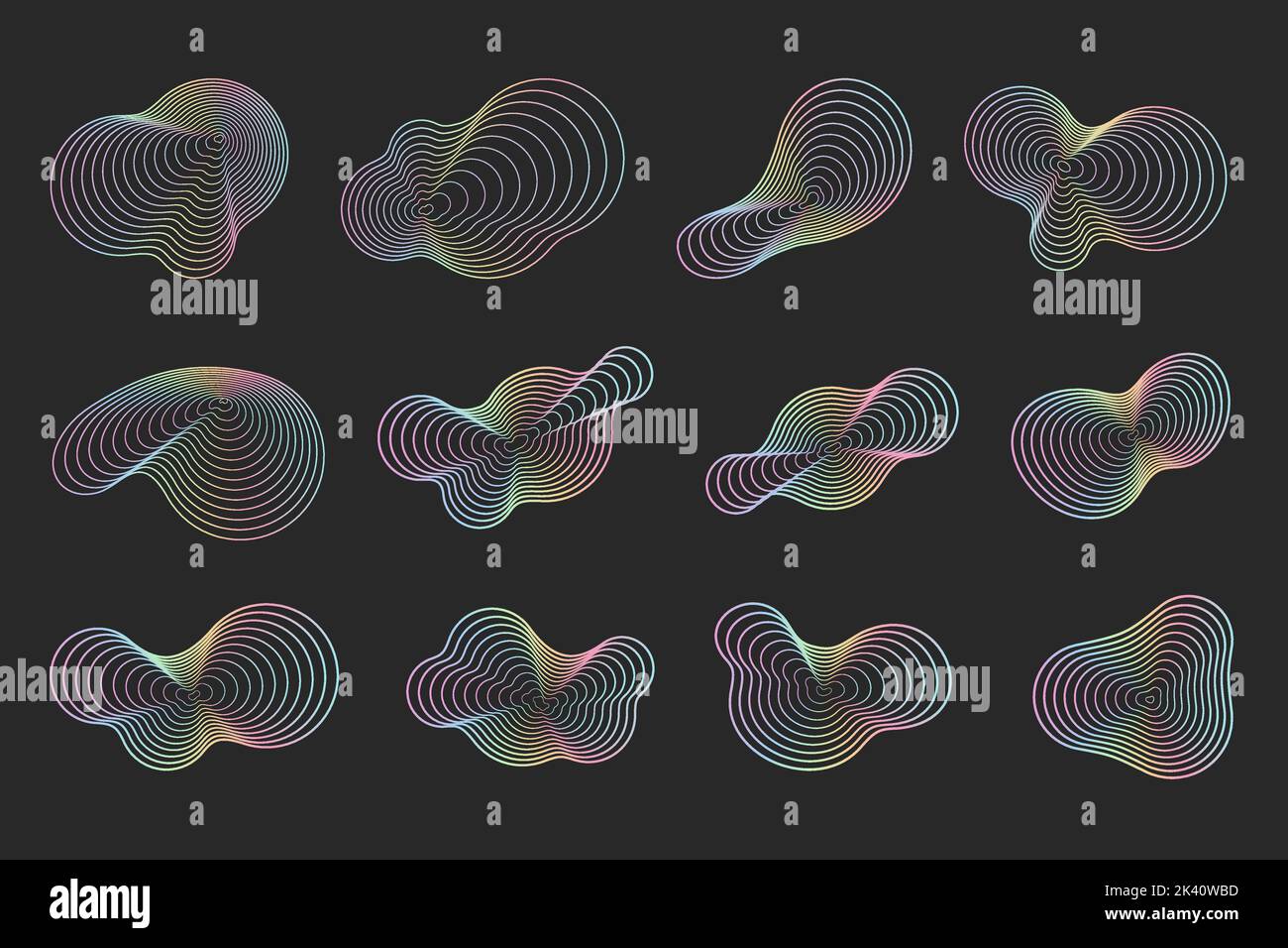 Cercles topographiques abstraits. Formes de texture de couleur néon organique. Jeu d'illustrations holographiques vectorielles. Illustration de Vecteur