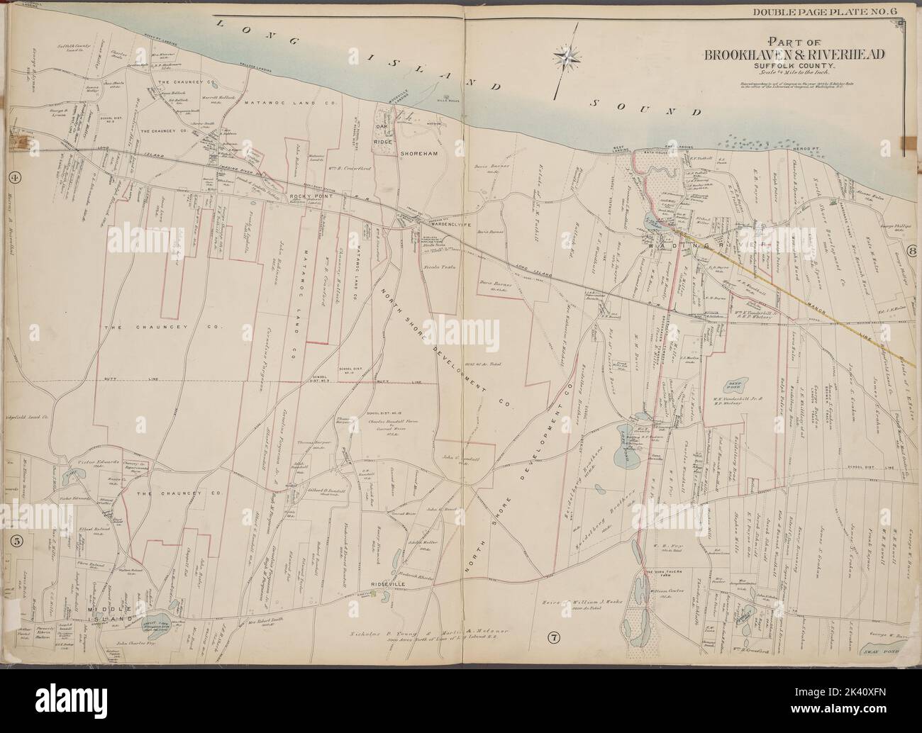 Suffolk County, V. 2, Double page plate no 6 carte délimitée par long Island Sound, Ridgeville, Middle Island Cartographie. Atlas, cartes. 1902 - 1909. Lionel Pincus et Princess Firyal Map Division. Comté de Suffolk (New York) Banque D'Images