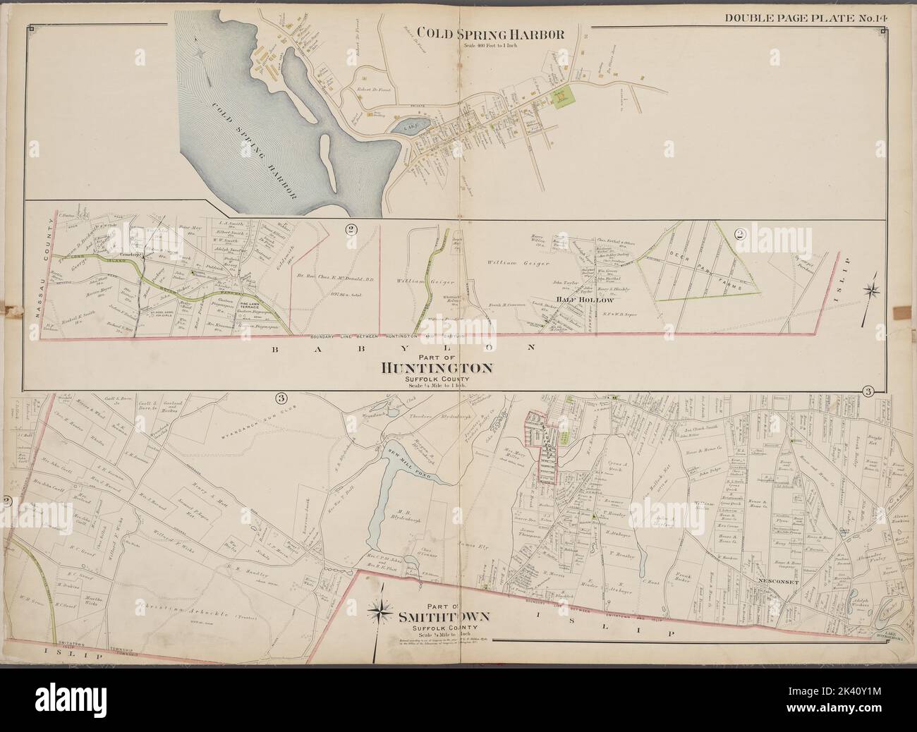 Suffolk County, V. 2, Double page plaque no 14 carte délimitée par Cold Spring Harbour, partie de Huntington, partie de Smith Town Cartographic. Atlas, cartes. 1902 - 1909. Lionel Pincus et Princess Firyal Map Division. Comté de Suffolk (New York) Banque D'Images