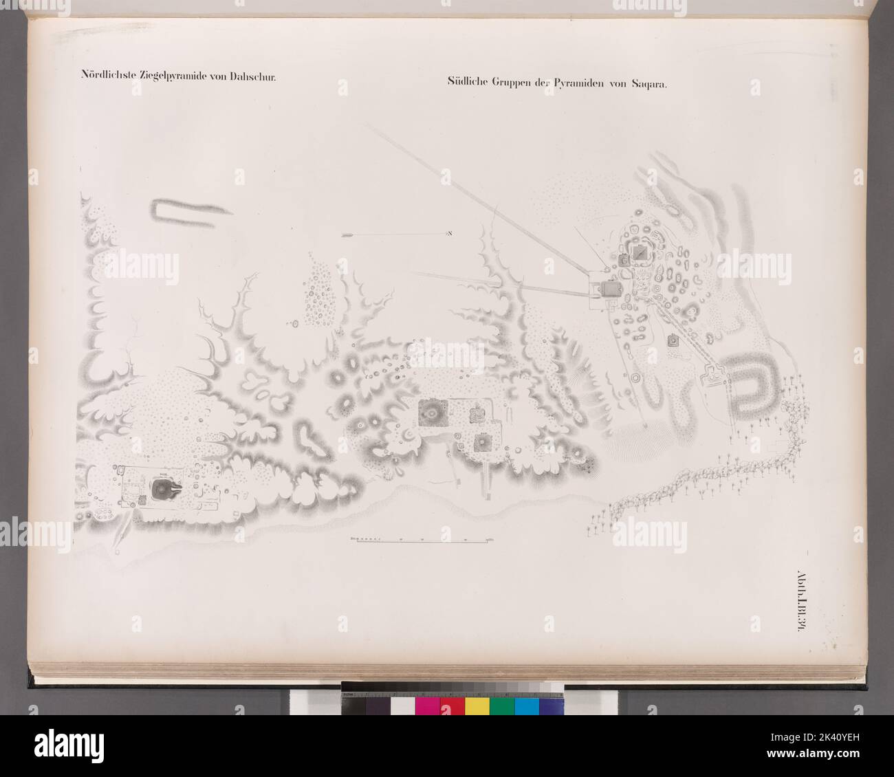 Zördlichste Ziegelpyramide von Dahschur Dahshûr; Südliche Gruppen den Pyramiden von Saqara Saqqârah. 1849 - 1856. Lepsius, Richard, 1810-1884. Cartographie. Imprime. Division de la recherche générale. Egypte , Antiquités Banque D'Images