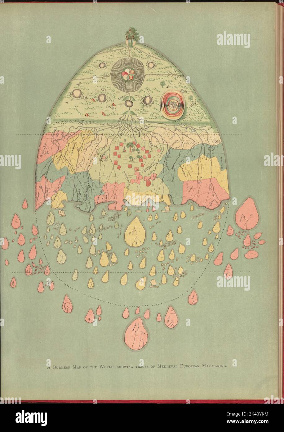 Une carte birmane du monde, montrant des traces de cartographie médiévale européenne. Cartographie. Illustrations. 1906. Division de la recherche générale. Religion , Birmanie, cartes , symboles Banque D'Images