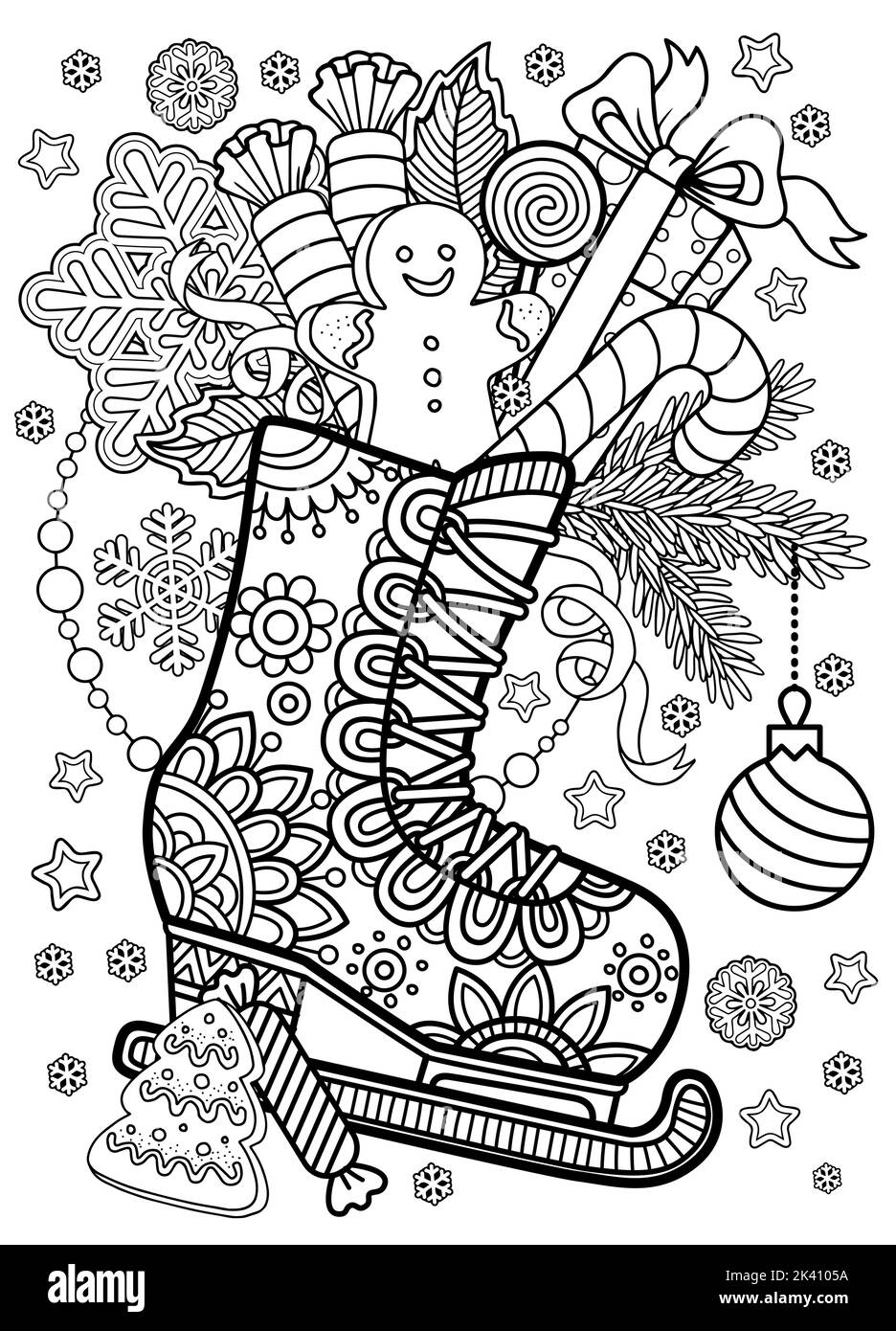 Patins à glace avec motif dans un style mandala avec des cadeaux du Père Noël. Livre de coloriage vectoriel pour adultes, et motif de Noël Illustration de Vecteur