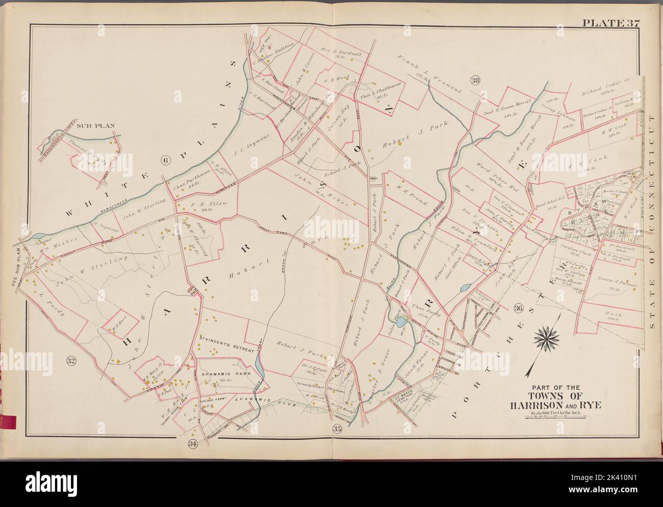 Westchester, V. 1, Double page plaque no 37 carte délimitée par White Plains, Ring St., Port Chester, Clendale Ave., Union Ave. Cartographie. Atlas, cartes. 1910 - 1911. Lionel Pincus et Princess Firyal Map Division. Westchester County (N.Y.), immobilier , New York (État) , Westchester County Banque D'Images