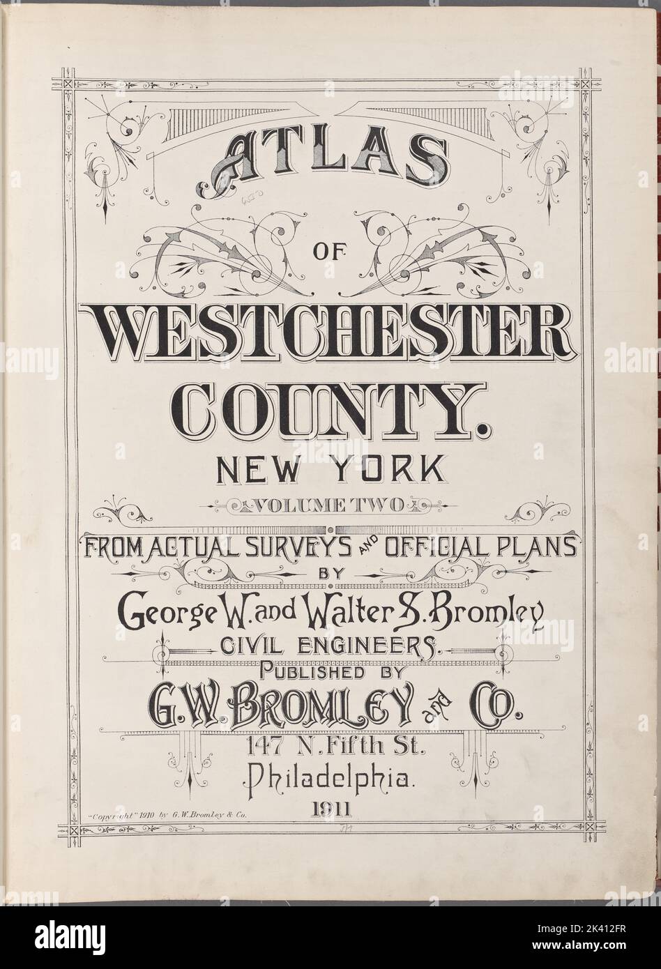 Atlas du comté de Westchester. New York. Volume deux. D'enquêtes réelles et plans officiels des ingénieurs civils George W. et Walter et Bromley. Publié par G. W. Bromley and Co., 147 N. Fifth St., Philadelphie. 1911. Cartographie. Atlas, cartes. 1910 - 1911. Lionel Pincus et Princess Firyal Map Division. Westchester County (N.Y.), immobilier , New York (État) , Westchester County Banque D'Images