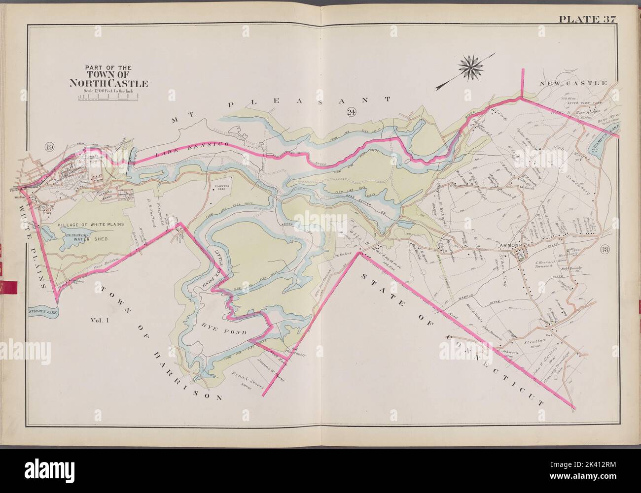 Westchester, V. 2, plaque double page no 37 carte délimitée par Mt. Pleasant, New Castle, État du Connecticut, ville de harrison, cartographie des plaines blanches. Atlas, cartes. 1910 - 1911. Lionel Pincus et Princess Firyal Map Division. Westchester County (N.Y.), immobilier , New York (État) , Westchester County Banque D'Images