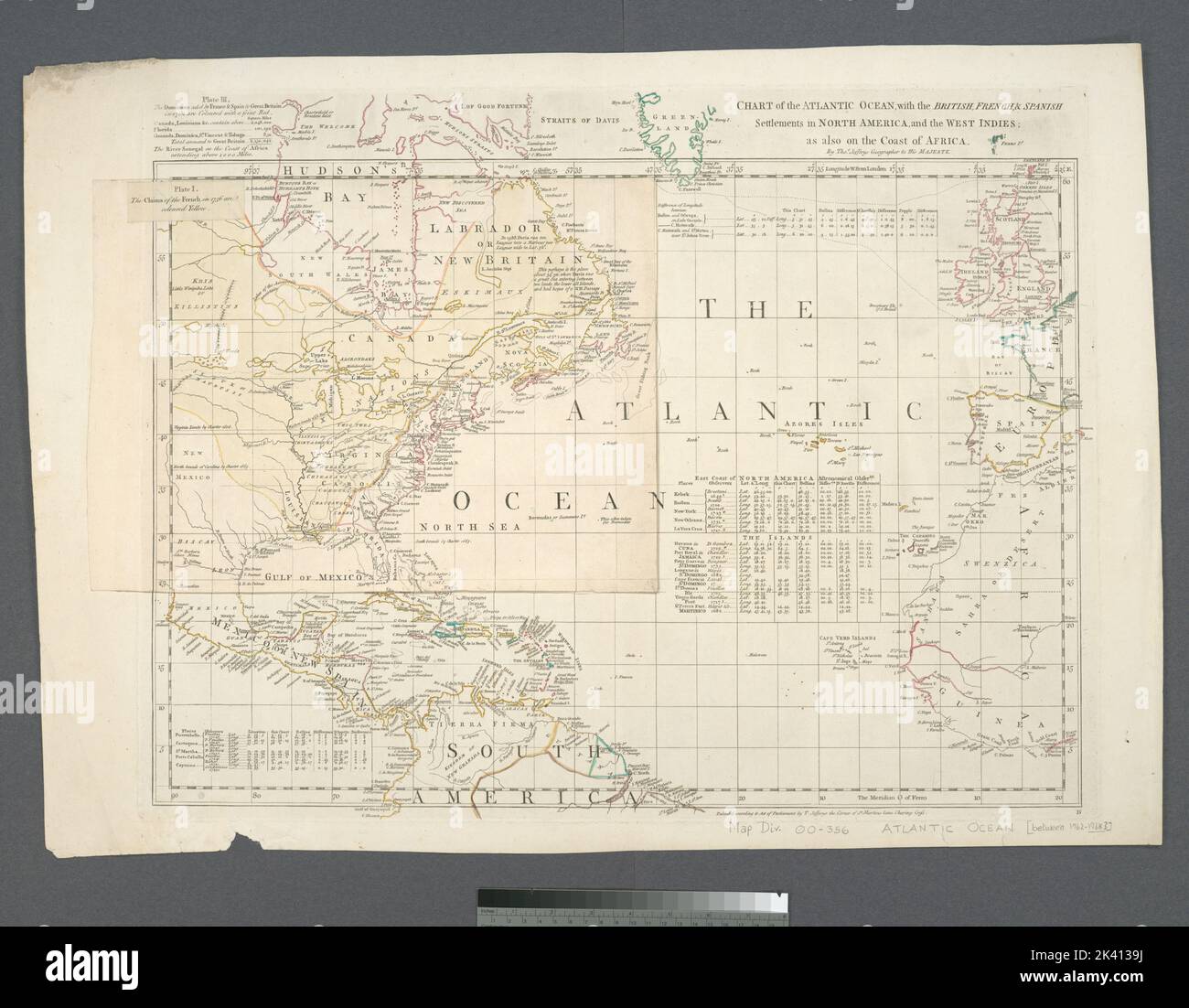 Carte de l'océan Atlantique, avec les colonies britanniques, françaises et espagnoles en Amérique du Nord et dans les Antilles: Comme aussi sur la côte de l'Afrique Cartographie. Cartes. 1762 - 1768. Lionel Pincus et Princess Firyal Map Division. Océan Atlantique, Amérique du Nord, Océan Atlantique Nord Banque D'Images