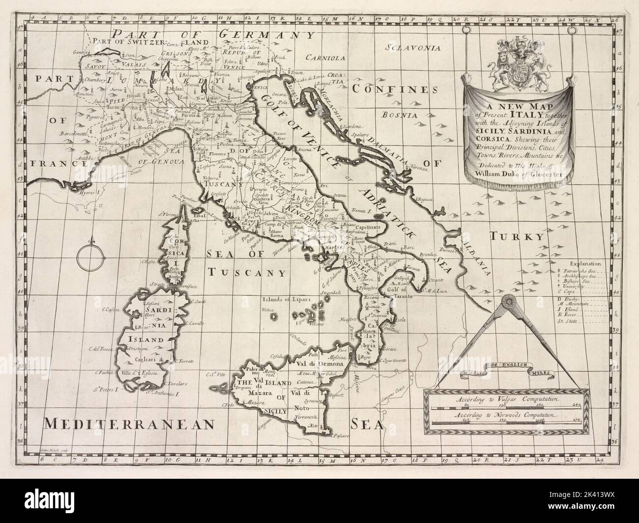 Une nouvelle carte de l'Italie actuelle, ainsi que les îles adjuyantes de la Sicile, de la Sardaigne et de la Corse, qui déforment leurs principales divisions, villes, villes, rivières, montagnes Italie, Sicile, & c. Cartographie. Cartes, atlas. 1700. Lionel Pincus et Princess Firyal Map Division. Atlas, Grande-Bretagne, Géographie, Ancient, cartes dans l'éducation , Angleterre, cartes Banque D'Images