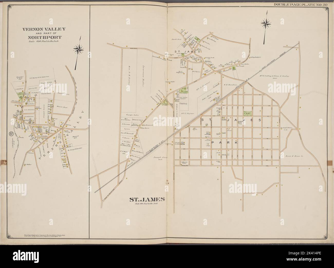 Comté de Suffolk, V. 2, plaque double page no 20 carte délimitée par Vernon Valley et une partie de North Port, St. James Cartographie. Atlas, cartes. 1902 - 1909. Lionel Pincus et Princess Firyal Map Division. Comté de Suffolk (New York) Banque D'Images