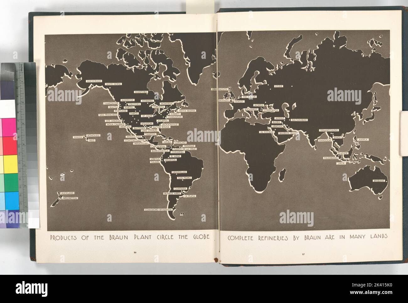 Les produits de l'usine de Braun encerclent le monde ; les raffineries complètes de Braun sont dans de nombreuses terres. Cartographie de la carte. Photographies. 1944. Bibliothèque des sciences, de l'industrie et des affaires : Collection générale. Usines Banque D'Images