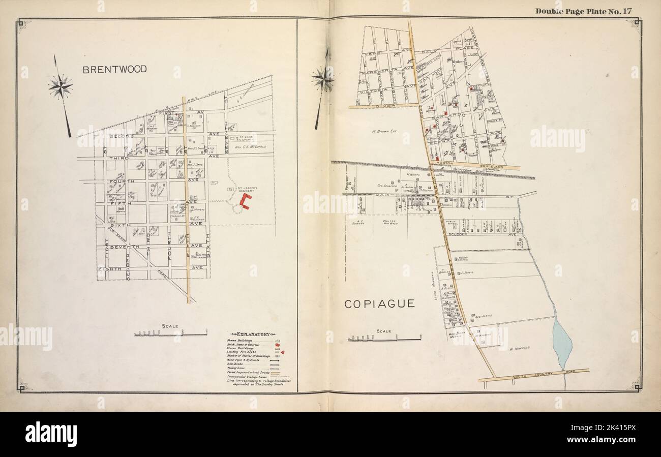 Brentwood ; Copiague Cartographie. Atlas, cartes. 1915 - 1917. Lionel Pincus et Princess Firyal Map Division. Comté de Suffolk (New York) Banque D'Images