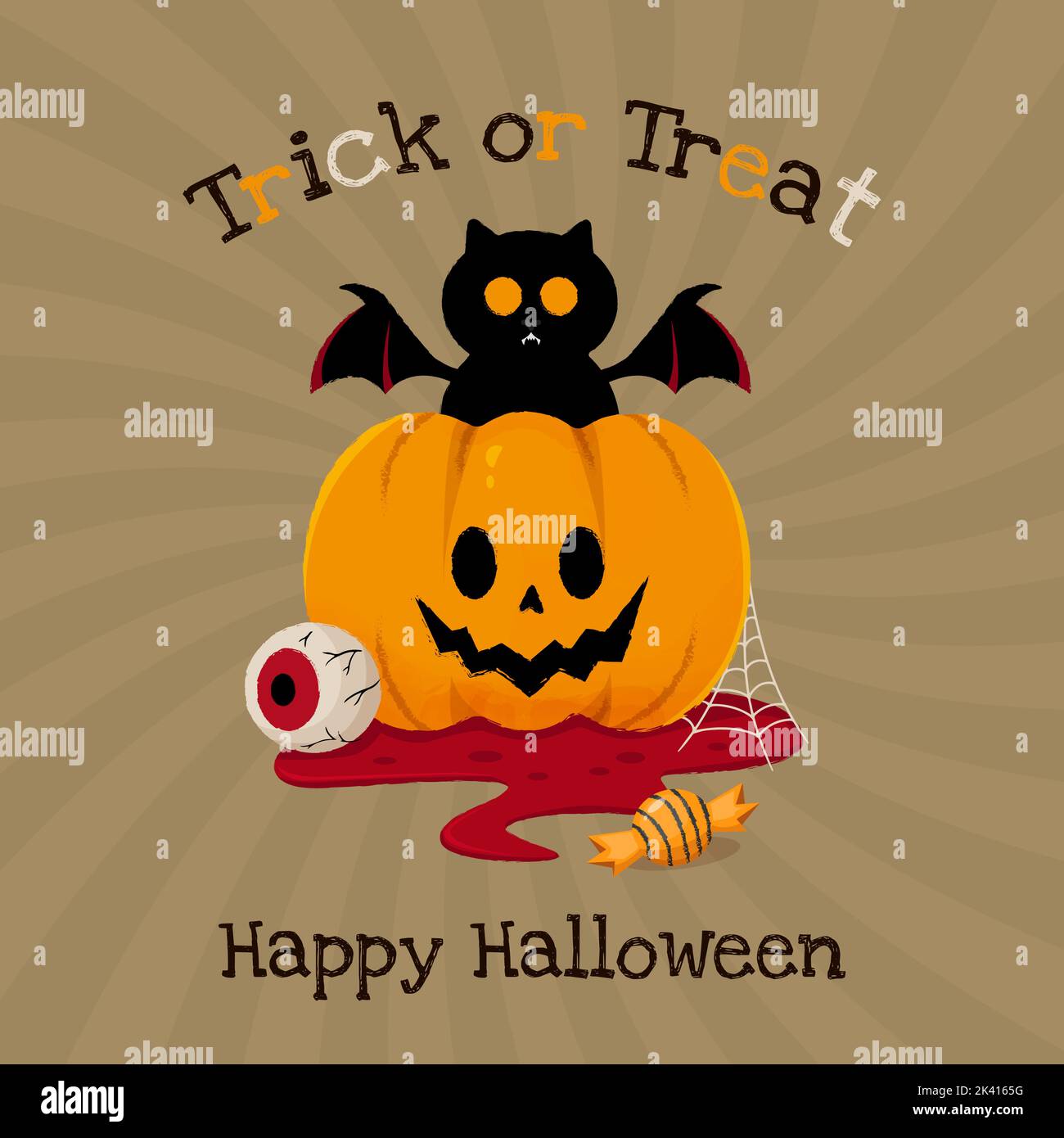 Lettering Happy Halloween et trick ou traiter le chat noir avec des ailes de chauve-souris citrouille oeil bonbons pomme et toile d'araignée Illustration de Vecteur