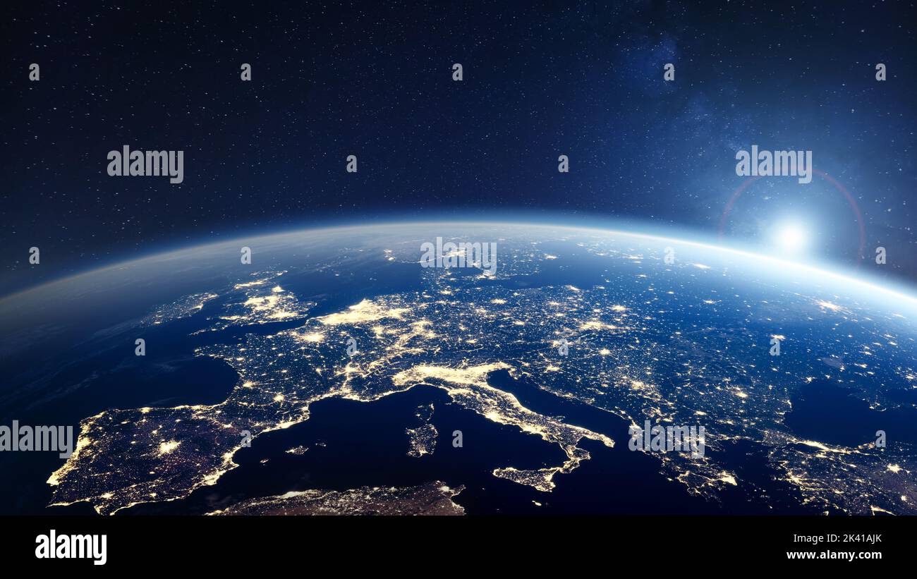 L'Europe de nuit vue de l'espace avec des lumières urbaines dans les pays et les villes de l'Union européenne. 3D rendu de la planète Terre. Des éléments de la NASA. Technologie, Banque D'Images