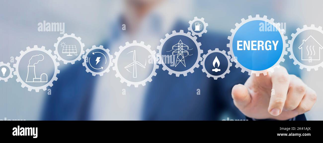 Marché de l'énergie, production, transport, consommation. Électricité renouvelable avec éolienne, panneau solaire. Centrale nucléaire. Gaz et carburant. Internatio Banque D'Images