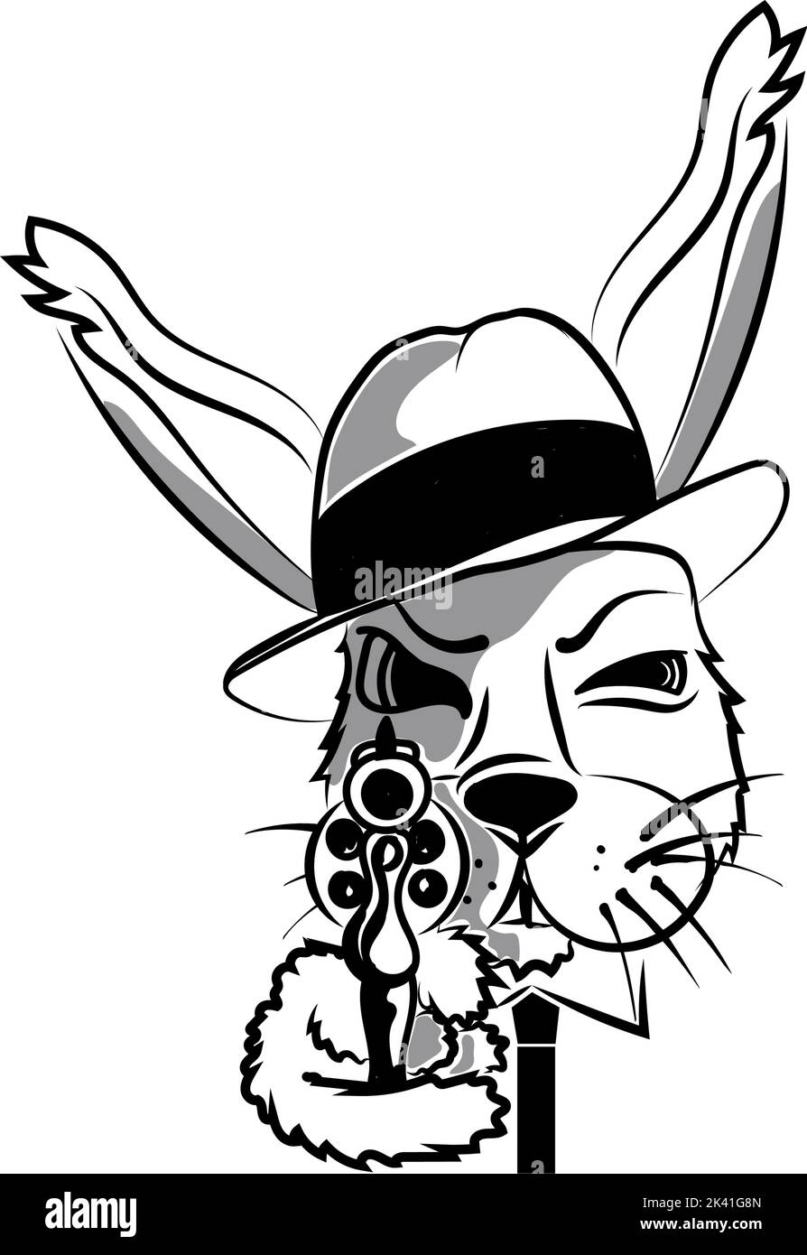 Un mauvais lapin, dessiné à la main dans le style de la caniche. Gangster lièvre. La tête du lièvre avec un chapeau. Mafia. Pistolet. Museau de canon. Stylisation de l'animal à l'émotion humaine. SY Illustration de Vecteur