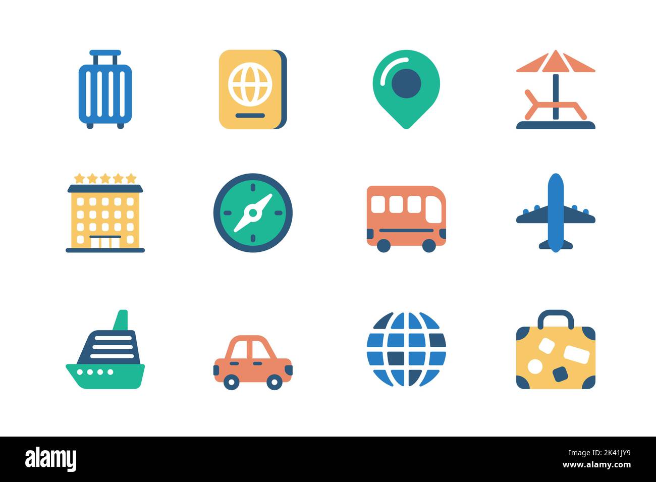 Concept de voyage de vacances de web icônes ensemble dans simple conception plate. Bagages, passeport, emplacement, détente à la plage, hôtel, boussole, bus, avion Illustration de Vecteur