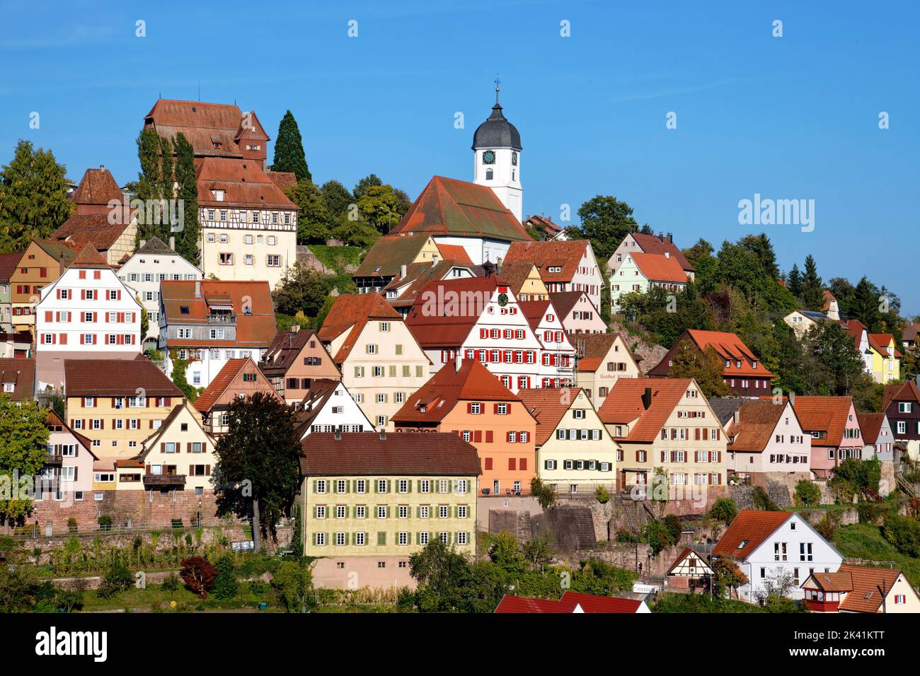 Altensteig dans la Forêt Noire du Nord : ville historique avec château et église paroissiale, district de Calw, Bade-Wurtemberg, Allemagne Banque D'Images