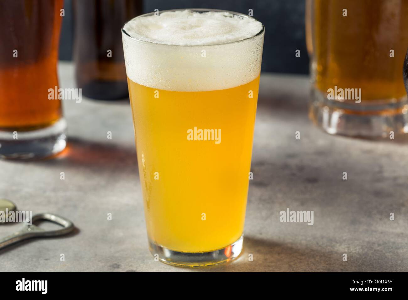 Bières artisanales variées rafraîchissantes dans différentes tasses Banque D'Images