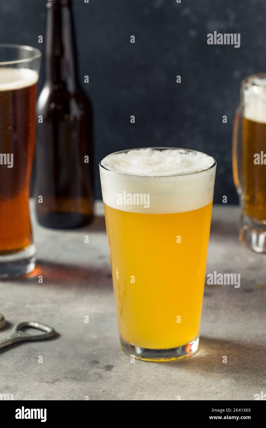 Bières artisanales variées rafraîchissantes dans différentes tasses Banque D'Images
