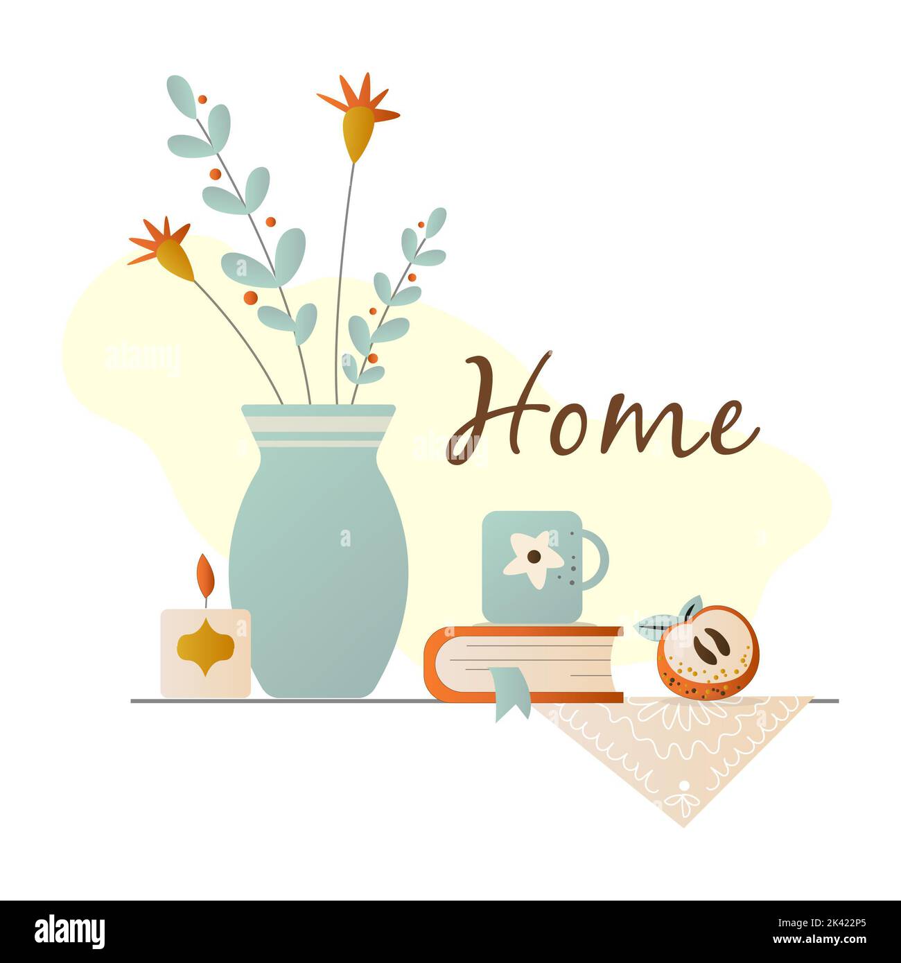 Fleurs confortables sans couture dans un vase, une bougie, une tasse sur un livre et une pomme. Ambiance cosy à la maison atmosphère scandinave confortable Banque D'Images