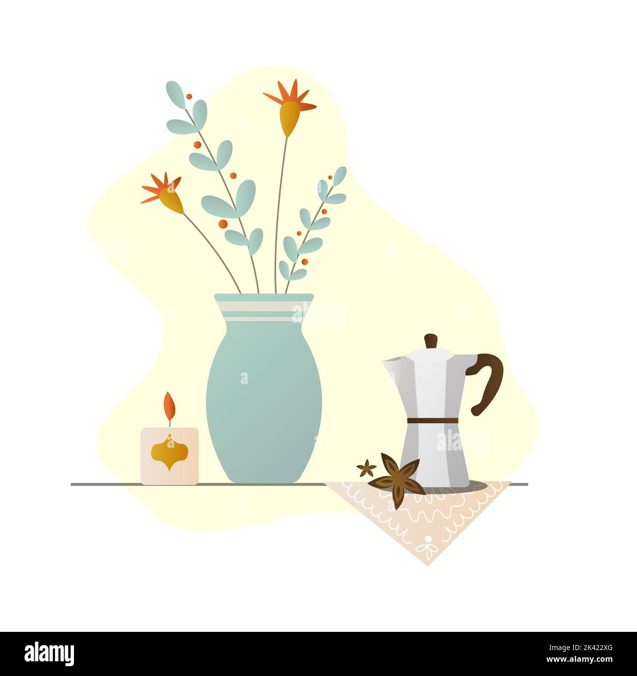 Fleurs confortables sans couture dans un vase, une bougie, ambiance chaleureuse à la maison atmosphère confortable scandinave Banque D'Images