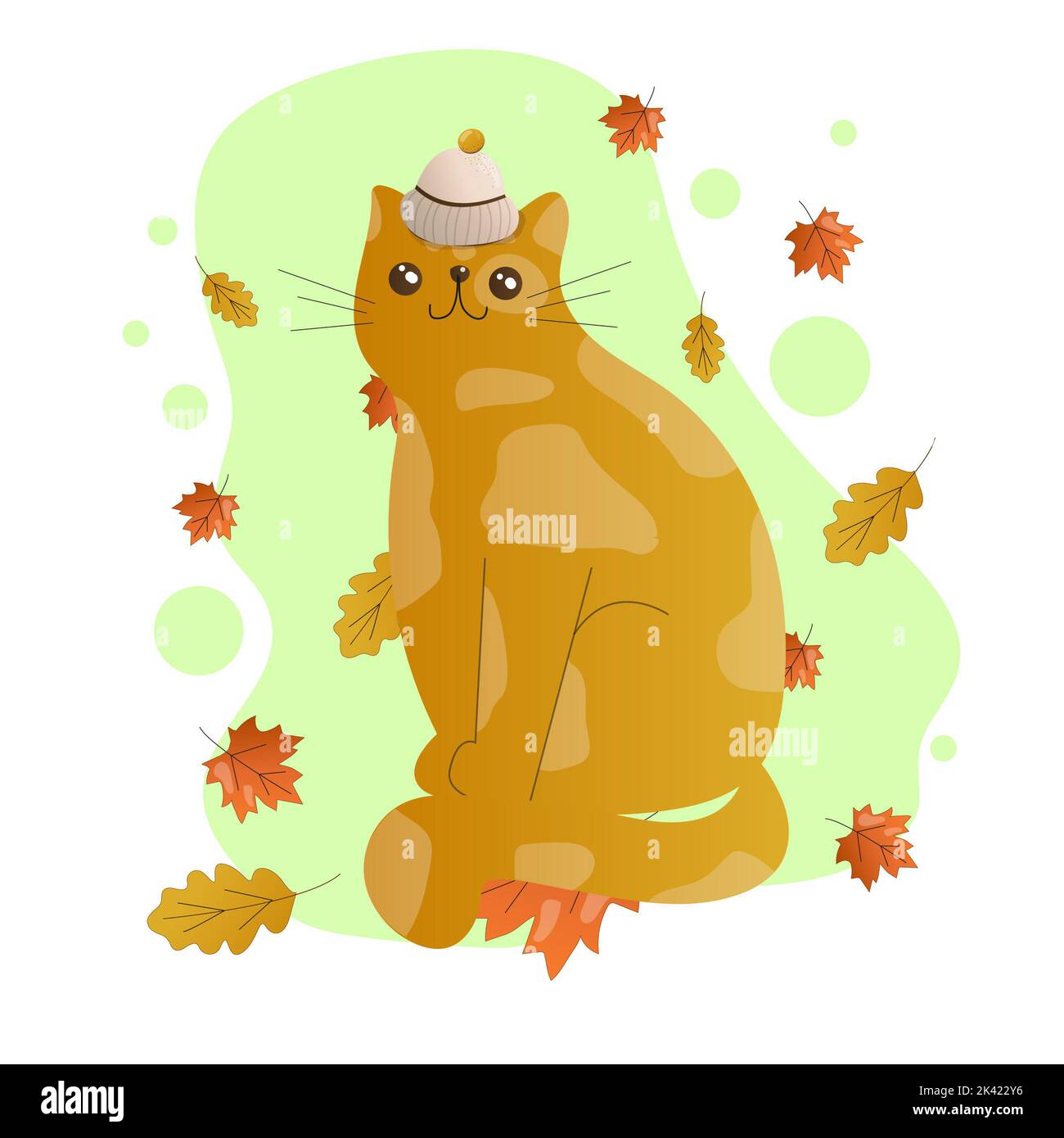 Chat et automne. Le chaton est assis sur les feuilles tombées. Feuilles d'automne. Illustration vectorielle. Banque D'Images