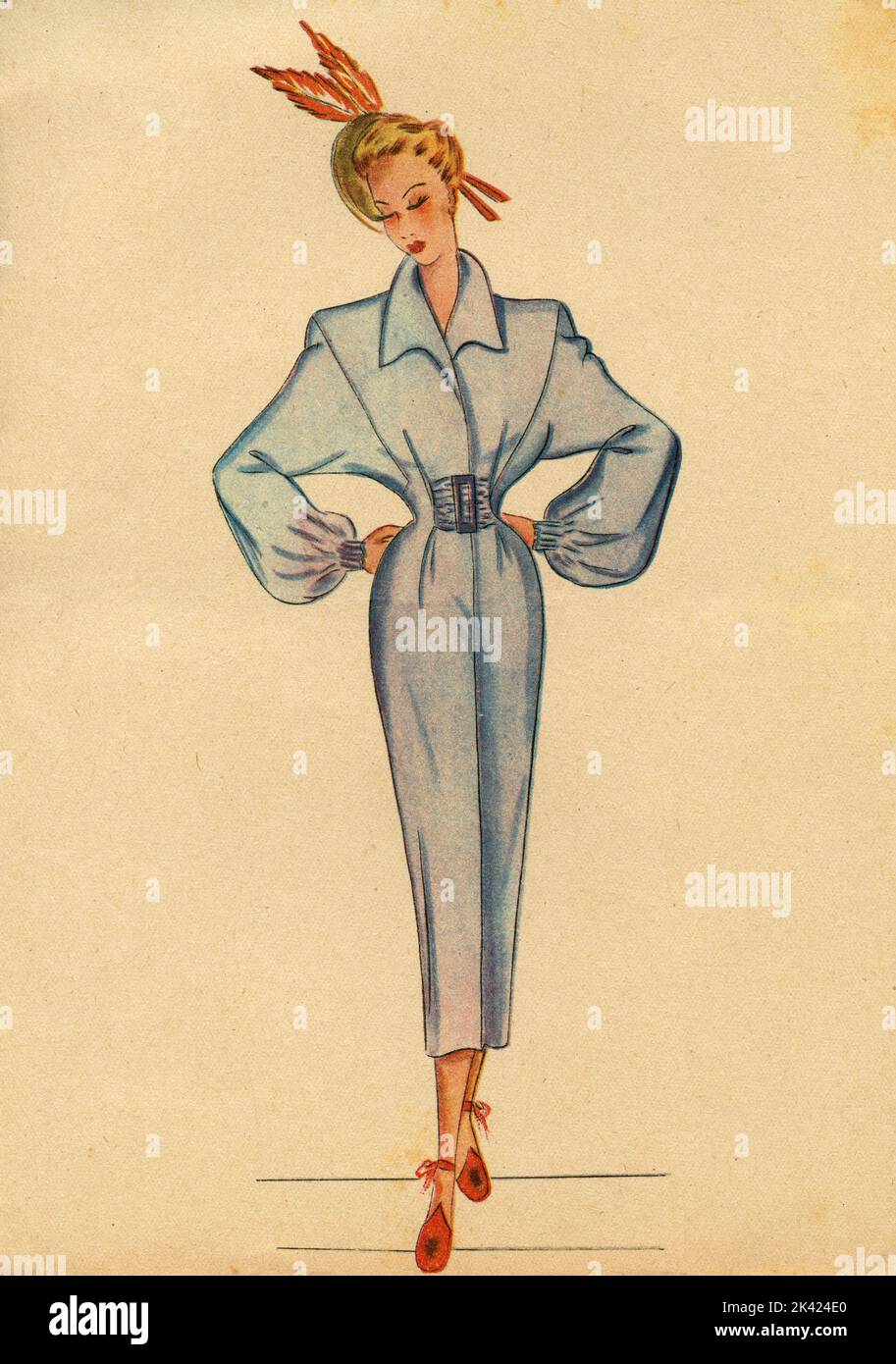 Femme dessin d'illustration de mode: Croquis de vêtements et accessoires, Italie 1940s Banque D'Images